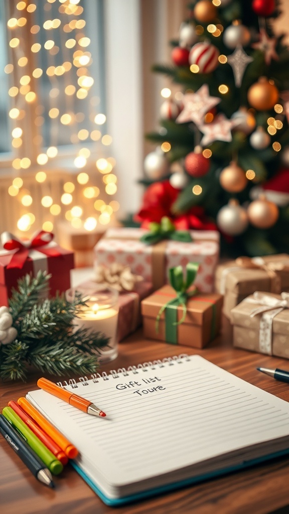 A Christmas gift list writing setup with a notebook, pens, and festive decorations.
